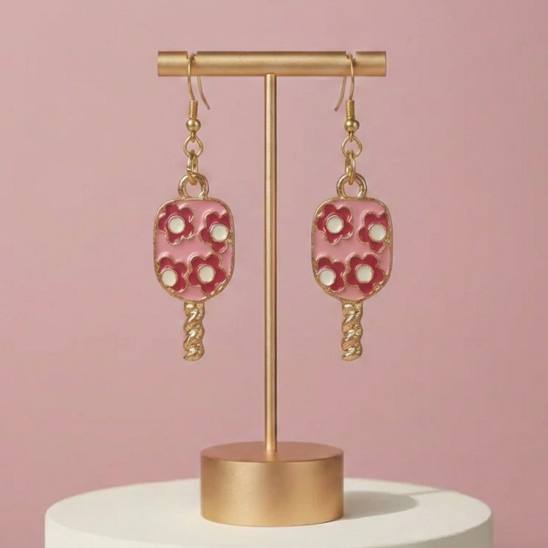Pink earrings with gold accents on a gold stand against a pink background